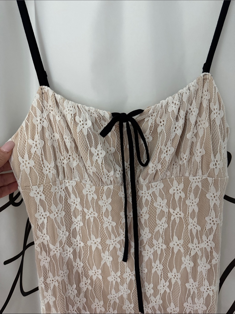 SHEIN Beige Lace Midi Slip Dress with Black Straps and Tie